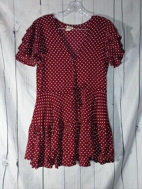 BaliElf V- Neck Short Flutter Sleeves Polka Dot Ruffle Boho Retro Summer Dress